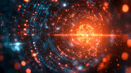 Abstract digital artwork featuring a glowing globe surrounded by swirling data streams. Ideal for tech related articles websites and presentations.