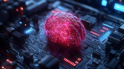 A glowing brain sits atop a complex circuit board symbolizing artificial intelligence innovation. It could be used as a powerful visual for tech articles or presentations.