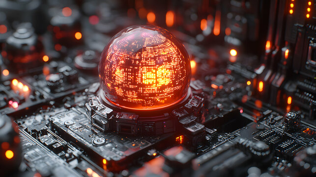 A futuristic digital sphere glows atop complex circuits. Ideal for tech-themed art designs science fiction projects and visual effects. It's a compelling visual. - Powered by Adobe