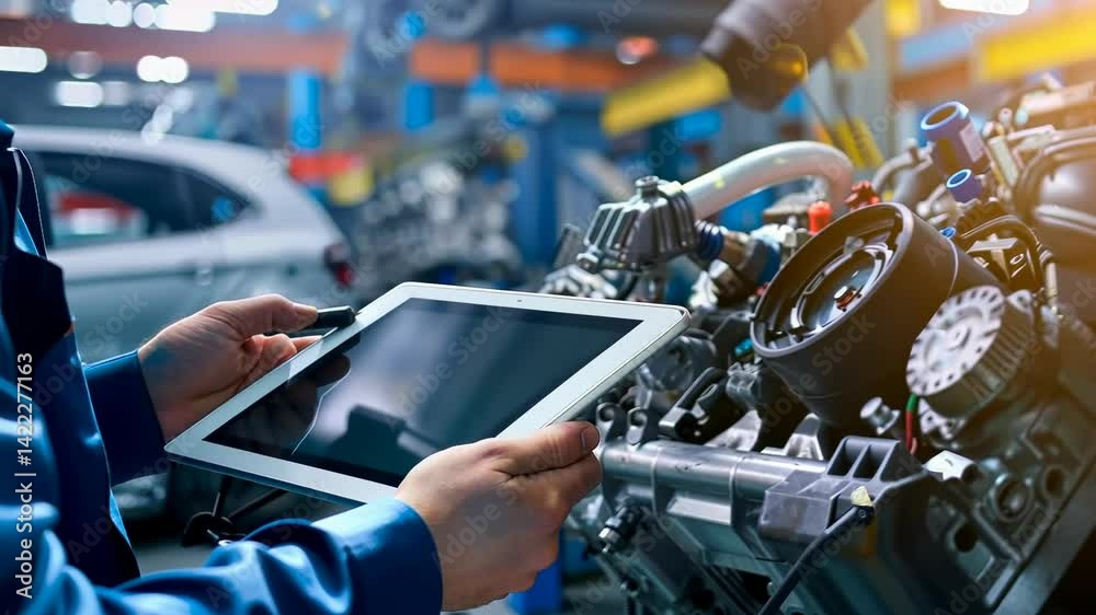 Poster a mechanic uses a tablet to examine a car engine in a garage. the setting is an automotive shop, and