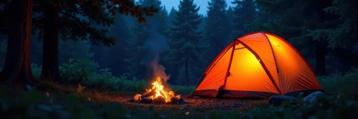 Illuminated camping tent near crackling campfire, vibrant forest backdrop, undergrowth, wild, plants