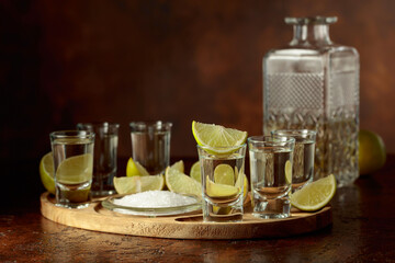 Gold tequila with salt and lime slices.