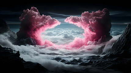 A surreal landscape features pink clouds arching over a sea-like terrain. It evokes dreams and otherworldly realms. Ideal for fantasy art and book covers.