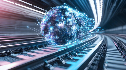 A futuristic train powered by digital data travels through a tunnel representing high-speed data transfer and connectivity using technology. Ideal for tech companies.