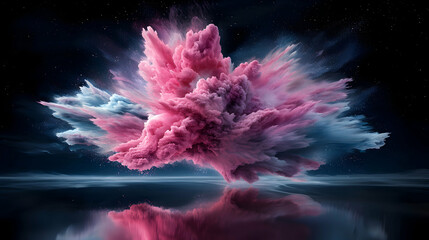 Fototapeta premium Abstract explosion of pink clouds against a dark starry sky. Could be used as a striking desktop wallpaper or a vibrant art print for any space.
