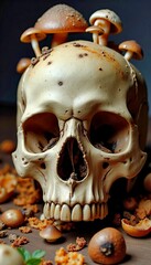 Obraz premium Human Skull with Mushrooms Growing on It Dark Conceptual Still Life