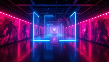 Naklejka premium Vibrant neon lights illuminate a modern corridor.