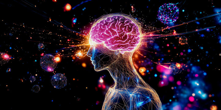Abstract representation of human consciousness and the universe, depicting mind, energy, and spiritual concepts in vibrant, cosmic colors.