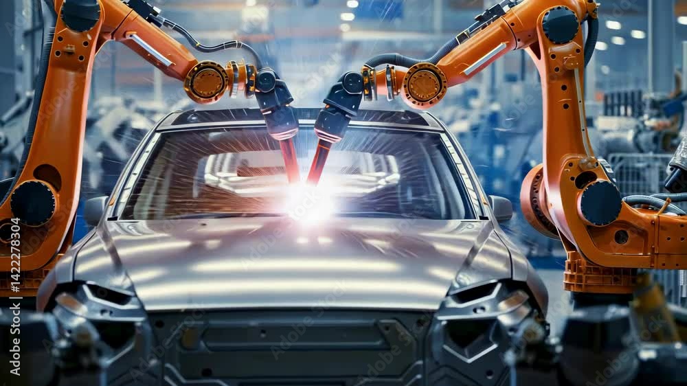 Poster A scene depicting automated manufacturing with robotic arms welding a car chassis. The image emphasizes precision, advanced technology, and efficiency in automotive production. Modern factory setting.