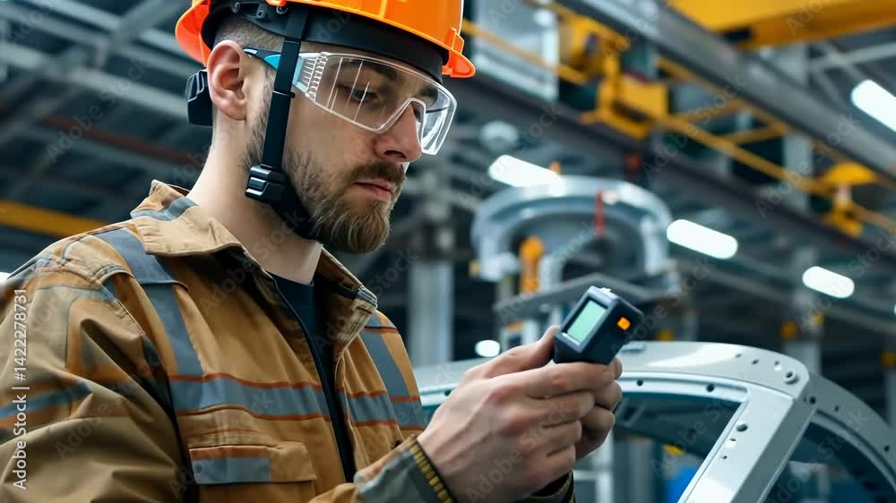 Poster Close up of a factory employee with hard hat and protective eye wear. Man holds a device with a screen to analyze. In the background is machinery and structures of a factory setting.