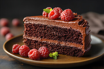 Rich dark chocolate cake slice with smooth frosting and dark moody lighting