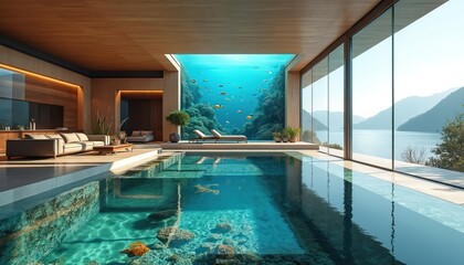 Fototapeta premium Modern luxury chalet featuring aquarium style pool with ocean view. Interior design with lounge chairs next to pool. Tropical summer relax concept. Azure water lagoon. Perfect for vacation, travel,