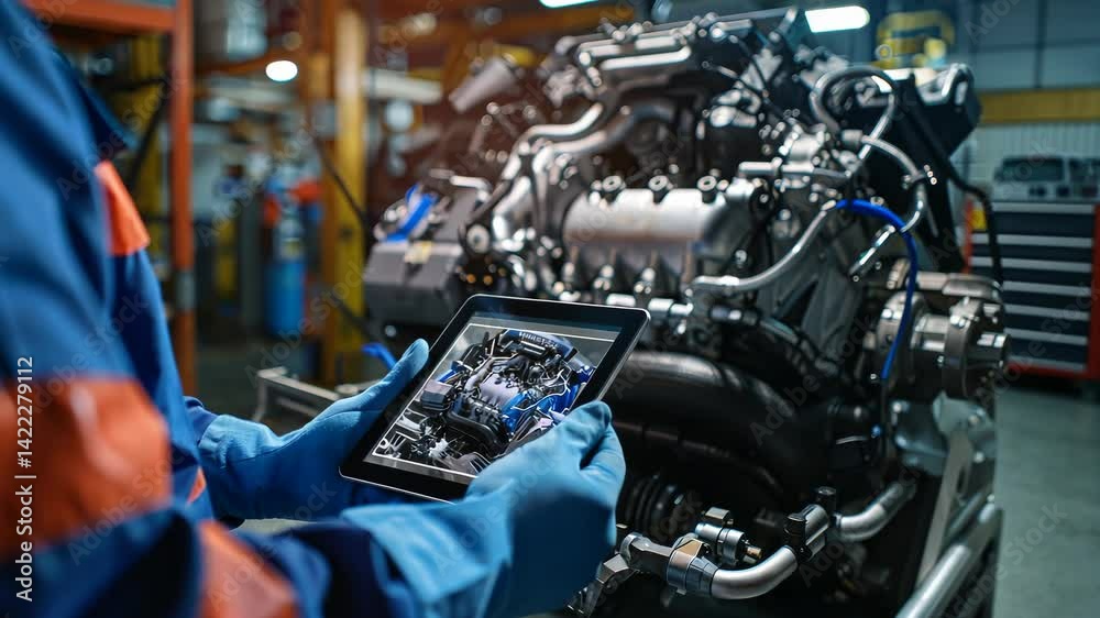Poster a mechanic, clad in a blue work uniform with orange accents, meticulously inspects a complex engine 