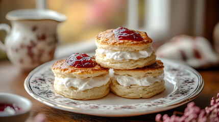 Scones with jam and clotted cream served on vintage china