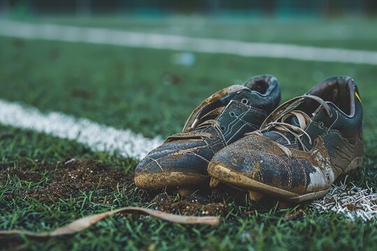 A pair of muddy cleats sit abandoned on the sideline of a grass field, A worn-out pair of cleats resting on the sideline