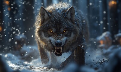 A powerful wolf in a snowy forest setting, displaying its intense expression