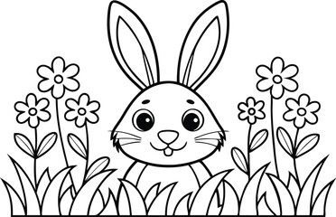 Bunny in Black and White Outline, Flowers, Grass, Line Art, Cute Animals, Springtime