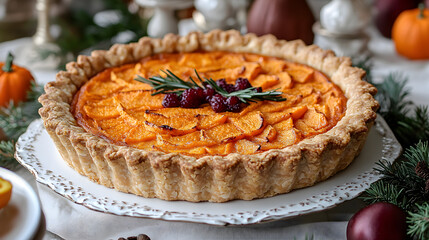 Sweet potato pie with golden crust and creamy orange filling on elegant dish