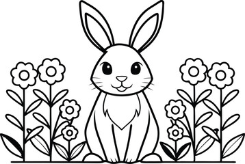 Outlined Rabbit Sitting With Daisy Flower in Transparent Background Spring Drawing