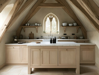 Bright interior featuring a kitchen with wood cabinets marble countertops shelves displaying white dishware and an ar