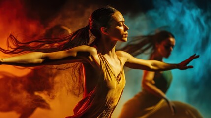 Dynamic dancer amidst colorful smoke.