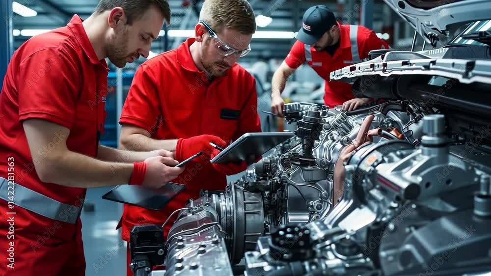 Poster two engineers in red overalls, safety glasses meticulously examine complex engine, utilizing tablet.