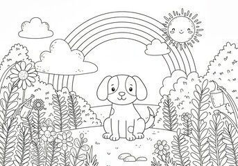 Playful Puppy Coloring Page Surrounded by Flowers and Rainbows Outdoor Scene Nature Illustration for Kids Bright and Cheerful Environment