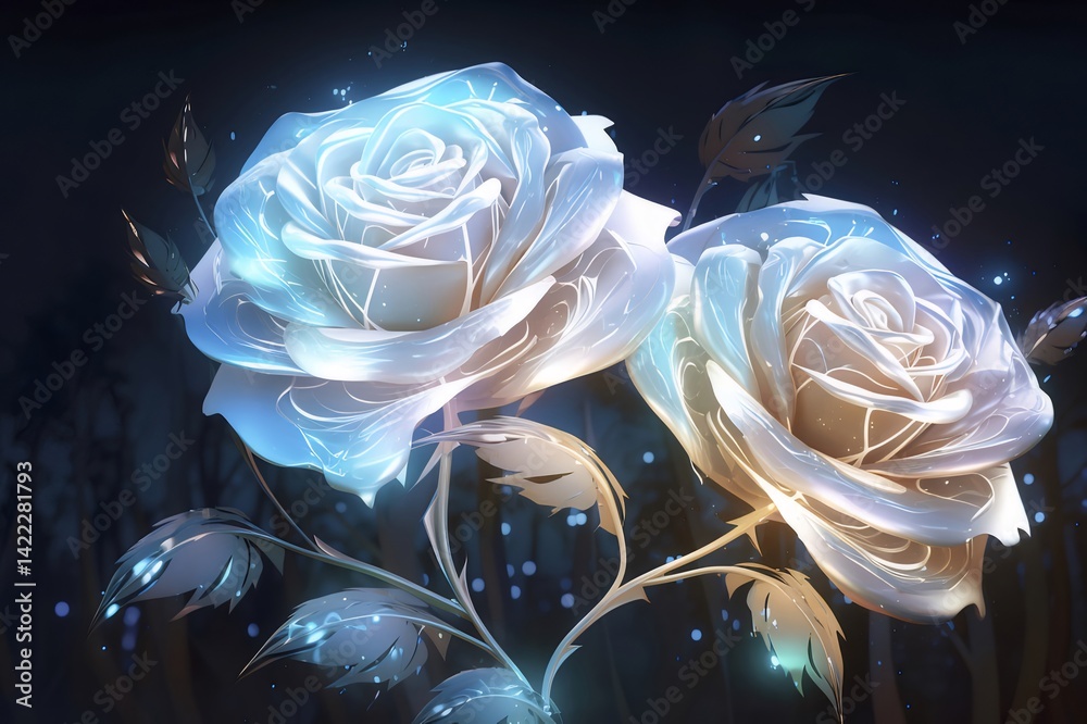 Poster 青と金色の光を放つ2つのバラのイラスト 暗い背景に輝く葉と花の装飾