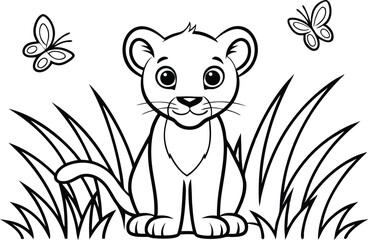 Lion Cub Cartoon in Grass with Butterflies Outline on White Background