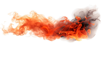 A fiery orange flame with wisps of smoke against a stark black background isolated on transparent background