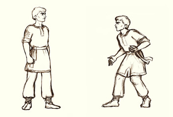 Pencil drawing. Two men engage in battle.