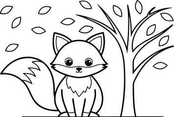 Cute Outline Fox Sitting Near A Tree with Falling Leaves, Coloring Page Style