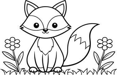 Fox Line Art Sitting in Flowers with grass, Outline drawing with Transparent Background