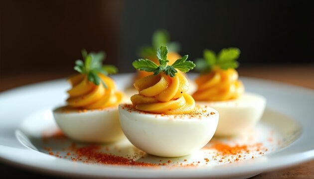 Elegant deviled eggs arranged on white plate. Gourmet appetizer with yellow filling, garnished with fresh herbs. Fine dining culinary art. Perfect food presentation for party, event or celebration.
