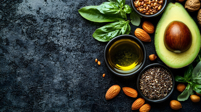 Flat lay of healthy fats including avocado, seeds, nuts, and olive oil on a table with space for text or branding
