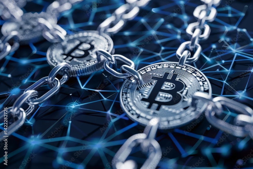 Poster secure bitcoin transactions linked by chains on a network background, represent the concept of trust