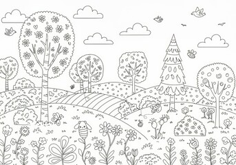 Fototapeta premium Nature-Themed Coloring Page Adventure Peaceful Meadow Printable Art Vibrant Landscape Modern Design Creative Expression