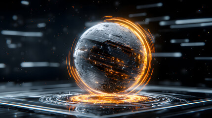 Futuristic digital globe illuminated by glowing lines and rings floating above a tech platform. Perfect for representing data or advanced technology concepts.