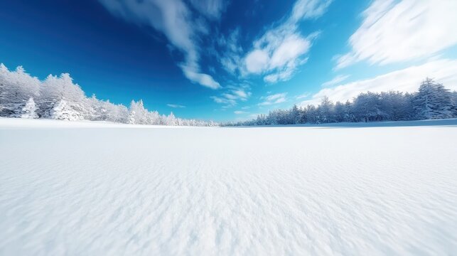 This picturesque frozen field showcases a vast expanse of untouched snow under a bright blue sky, representing the serene and magical beauty of a winter wonderland.