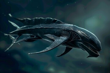 A menacing predator with sleek, powerful fins glides through the dark depths of the ocean, A menacing predator with sleek, powerful fins