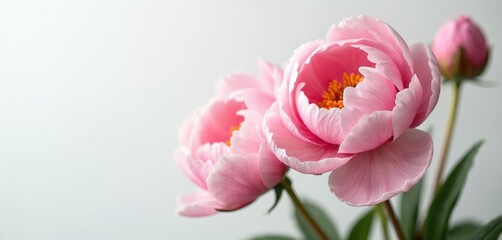 Obraz premium Beautiful blooming pink peony flowers against white background. Soft petals detail, flower bud, green leaves. Ideal for floral art, wedding invitations, spring holiday. Romantic, feminine, delicate,