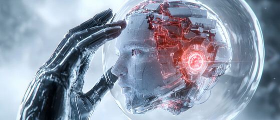 A futuristic android head encased in a glass sphere touched by a metallic hand evoking technology and human interaction. Could be used for sci-fi book covers or movie posters.