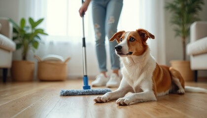 Dog watches person cleaning hardwood floor with mop at home. Canine observes cleaning routine, domestic life. Pet curious about chore daily activity. Funny moment with pet. Happy dog watching