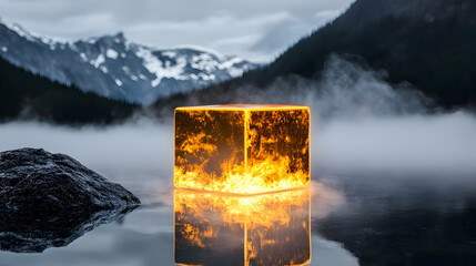 A glowing cube floats on water. Mountains and fog create a mystical scene. Use it as a book cover or album art for fantasy themes.