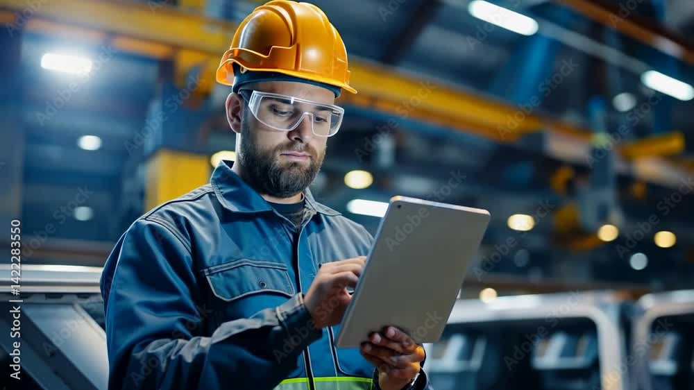 Poster a manufacturing plant worker uses a tablet in a facility setting, wearing a safety helmet and protec