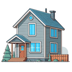 Two-story gray house with blue windows and wooden porch. Ideal for residential property listings, suburban development concepts, and home renovation themes.