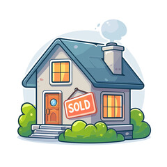 House with SOLD sign and illuminated windows at dusk. Perfect for real estate success stories, property sales marketing, and home buying achievements.