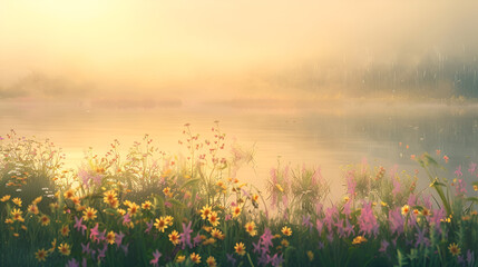 A serene landscape with wildflowers in bloom near a misty lake at sunrise creating a peaceful scene . © alimurtaza