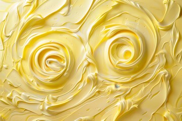 Close-up abstract image of swirls and patterns in lemon yellow on a pale yellow background, Abstract swirls of lemon yellow on a pale yellow base