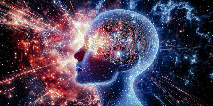 Abstract representation of human consciousness and the universe, depicting mind, energy, and spiritual concepts in vibrant, cosmic colors.